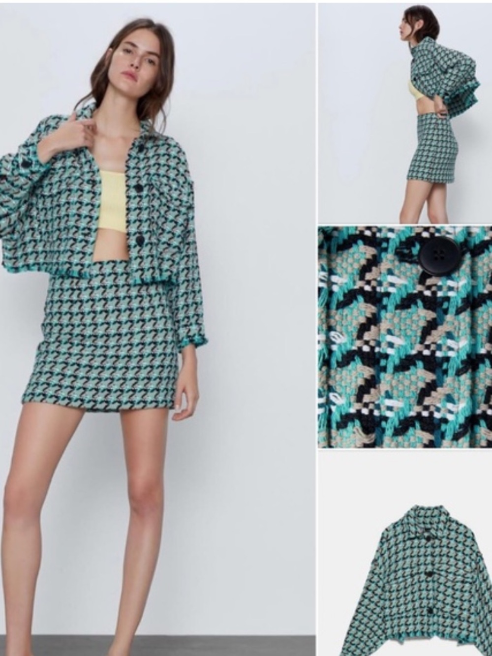 ZARA Textured Houndstooth Tweed 2 Piece Coord Matching Set Jacket Skirt Chanel 💚 - Picture 13 of 16